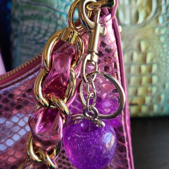 Purple Apple Purse Charm and Key Ring Sparkly Gold or Silver Toned Hardware - Picture 5 of 12